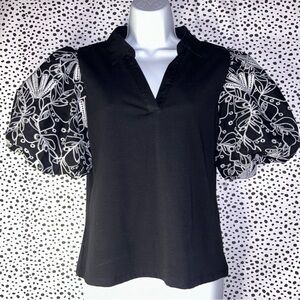 Marc newyork Black Puff Sleeve Top with White Floral Design